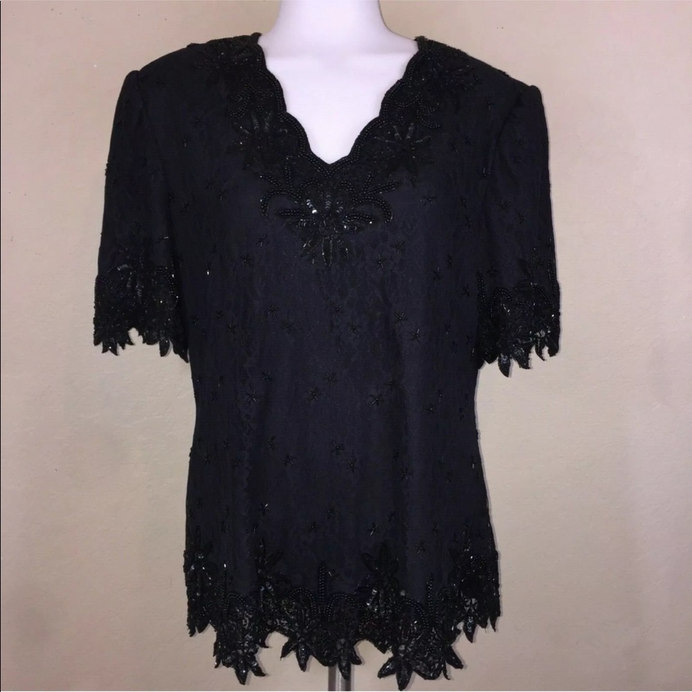 Vintage 80s Black Sequin Beaded Lace Blouse Top XL